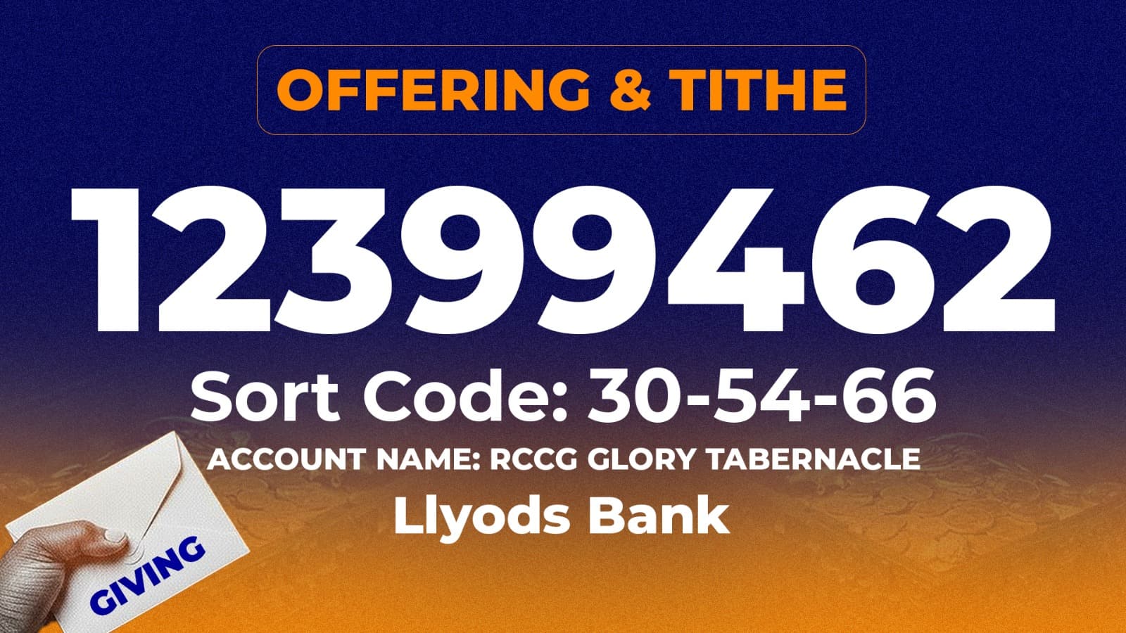 Offering & Tithe — RCCG Glory Tabernacle, Barnstaple: Account 12399462, Sort Code 30-54-66, Lloyds Bank